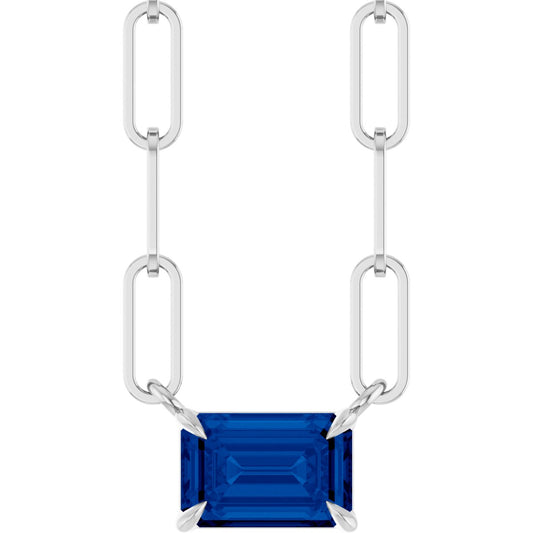 Emerald Lab-Grown Blue Sapphire Solitaire Claw Prong Necklace - Lab Grown Diamond
