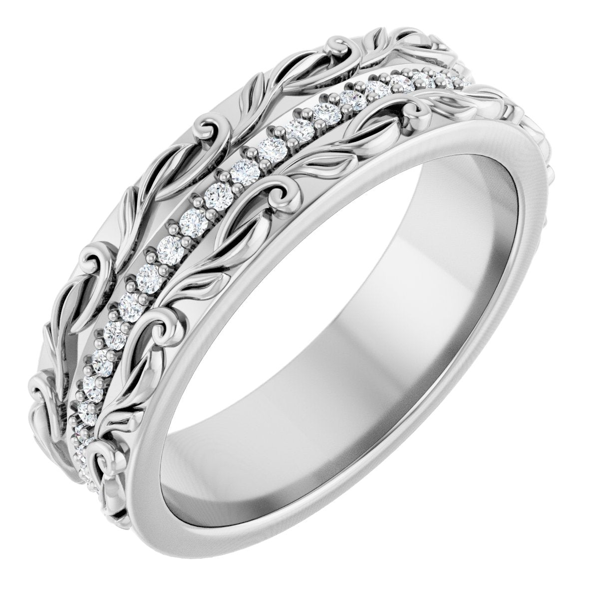 1/4 Ctw Lab-Grown Diamond Floral Accented Band - White Gold - Lab Grown Diamond