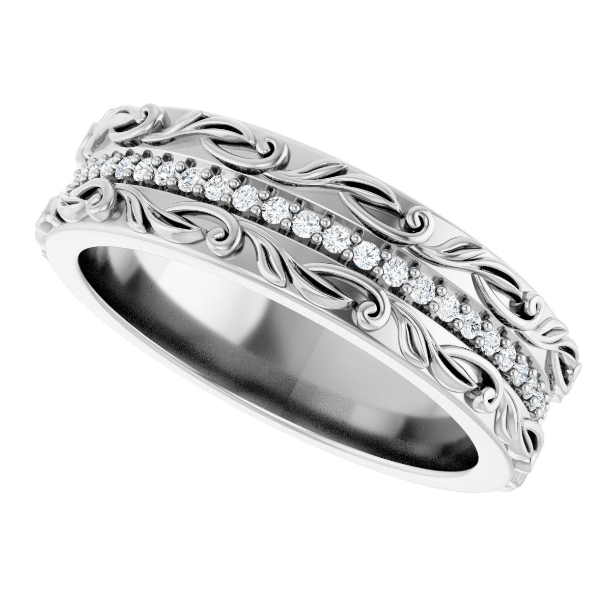 1/4 Ctw Lab-Grown Diamond Floral Accented Band - White Gold - Lab Grown Diamond