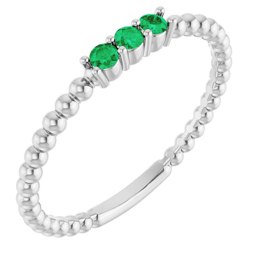 Lab-Grown Emerald Beaded Ring - White Gold