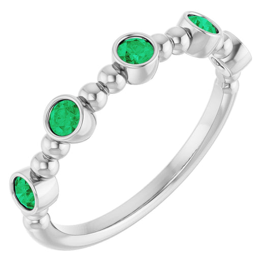 Lab-Grown Emerald Stackable Beaded Ring - White Gold
