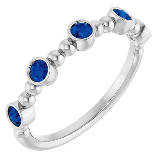 Lab-Grown Blue Sapphire Stackable Beaded Ring - White Gold