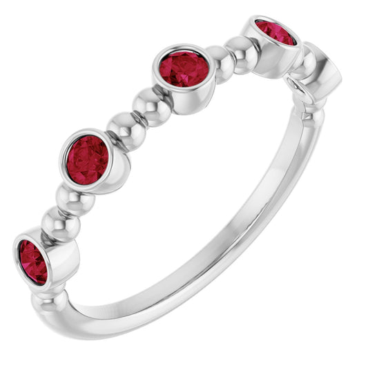 Lab-Grown Ruby Stackable Beaded Ring - White Gold