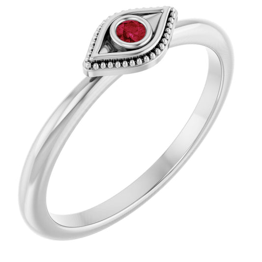 Lab-Grown Ruby Stackable Evil Eye Ring - White Gold