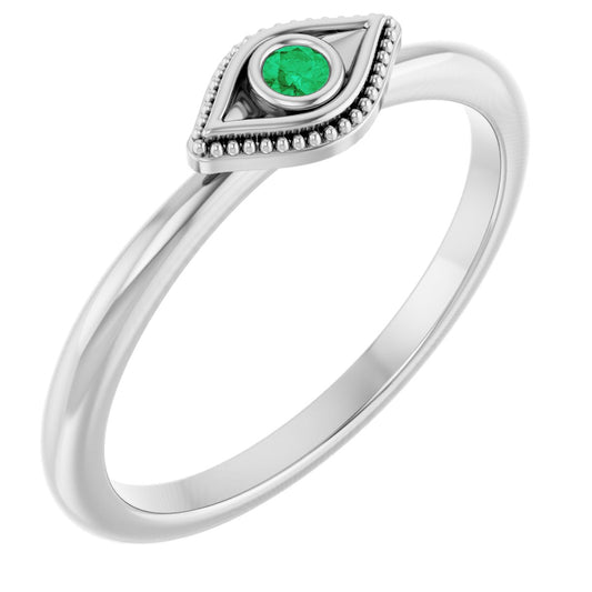 Lab-Grown Emerald Stackable Evil Eye Ring - White Gold
