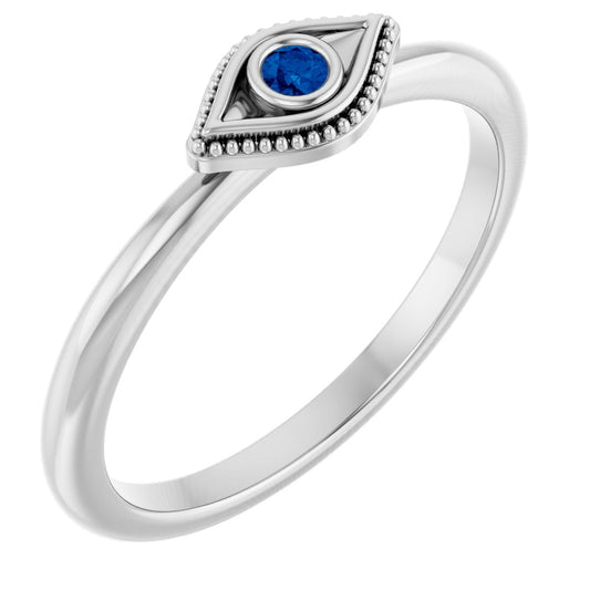 Lab-Grown Blue Sapphire Stackable Evil Eye Ring - White Gold
