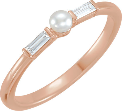 White Seed Pearl And 1/8 Ctw Diamond Ring - Rose Gold