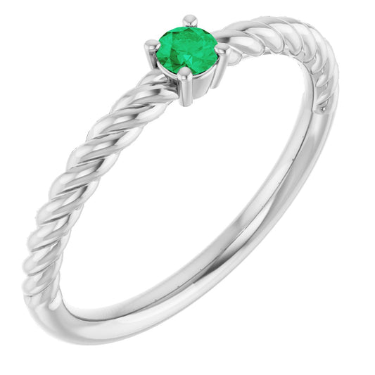 Lab-Grown Emerald Solitaire Rope Ring - White Gold