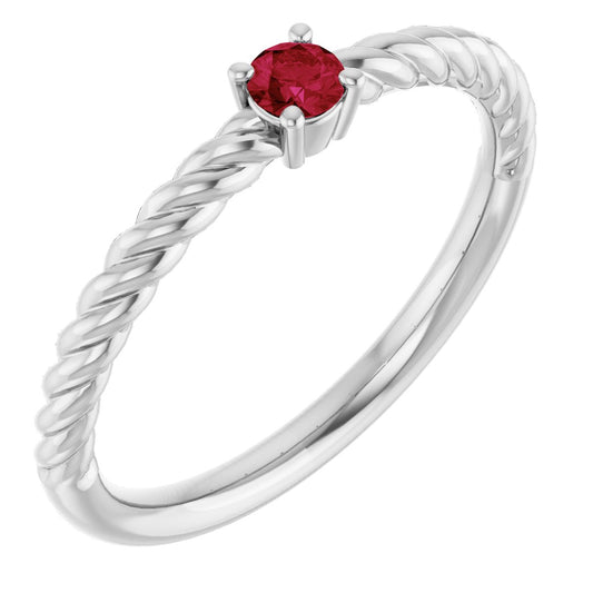 Lab-Grown Ruby Solitaire Rope Ring - White Gold