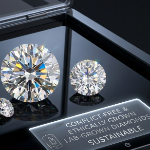 Lab-grown diamonds on a reflective surface with 'conflict-free' and 'ethically grown' label.